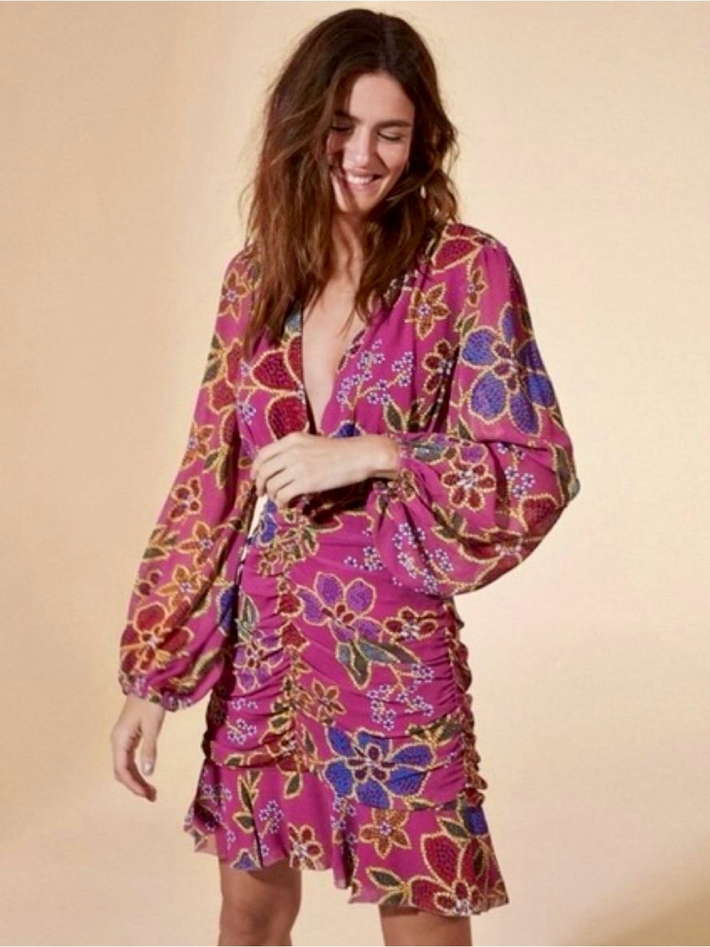 FARM Rio burgundy floral ruched mini dress, size S